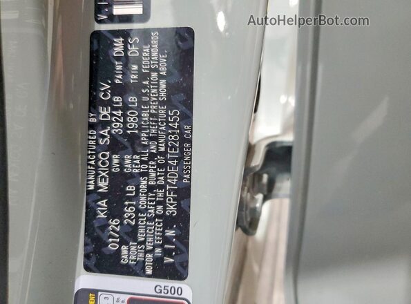 3KPFT4DE4TE281455 2026 KIA K4 Green Widok naklejki z numerem VIN