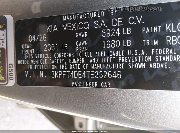 3KPFT4DE4TE332646 2026 KIA K4 Gray Engine compartment view