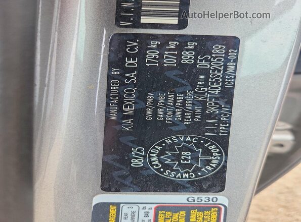 3KPFT4DE5SE205189 2025 KIA K4 Silver VIN კოდის სტიკერის ხედი