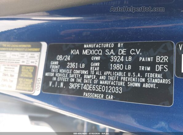 3KPFT4DE6SE012033 2025 KIA K4 Blue Вид підкапотного простору