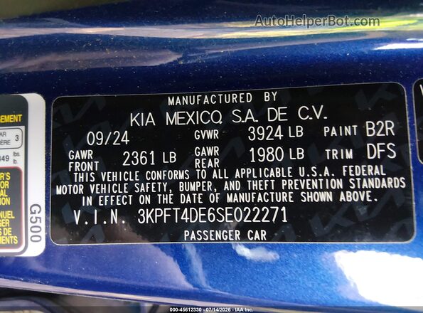 3KPFT4DE6SE022271 2025 KIA K4 Blue Engine compartment view