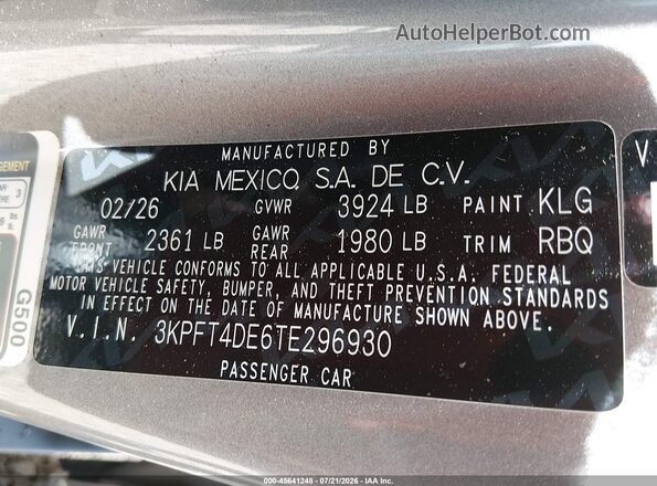 3KPFT4DE6TE296930 2026 KIA K4 Gray Вид підкапотного простору