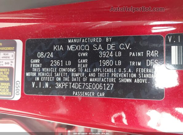 3KPFT4DE7SE006127 2025 KIA K4 Red ძრავის განყოფილების ხედი
