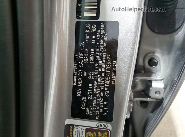 3KPFT4DE7TE326727 2026 KIA K4 Gray Вид наклейки з VIN-кодом