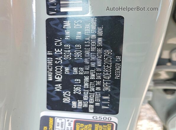 3KPFT4DE8SE205798 2025 KIA K4 Green VIN კოდის სტიკერის ხედი