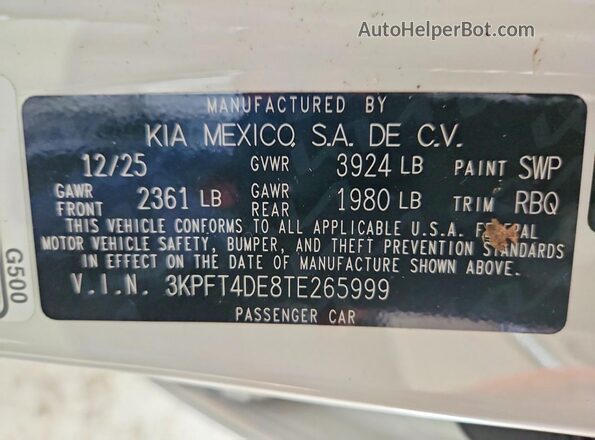 3KPFT4DE8TE265999 2026 KIA K4 White Widok komory silnika