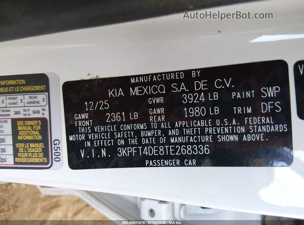 3KPFT4DE8TE268336 2026 KIA K4 White ძრავის განყოფილების ხედი