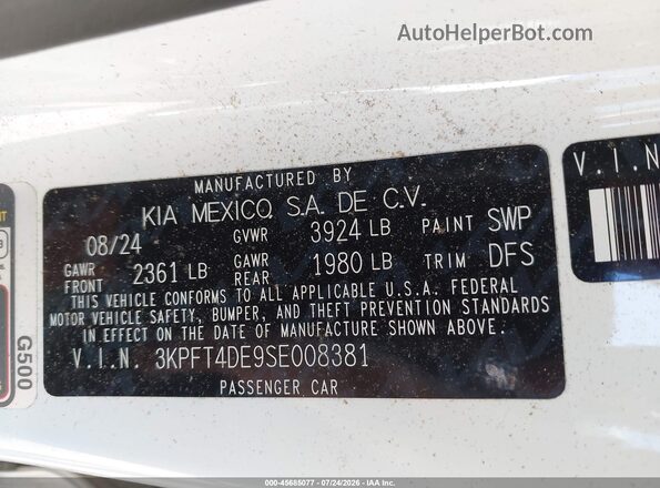 3KPFT4DE9SE008381 2025 KIA K4 White ძრავის განყოფილების ხედი