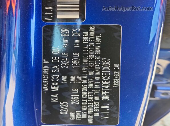 3KPFT4DEXSE100387 2025 KIA K4 Blue Вид підкапотного простору