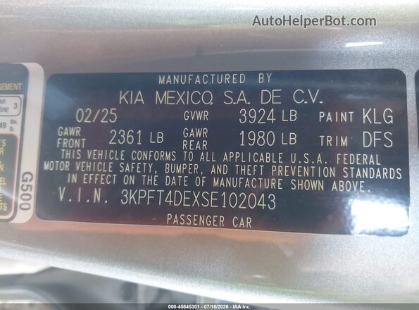 3KPFT4DEXSE102043 2025 KIA K4 Серый Вид подкапотного пространства