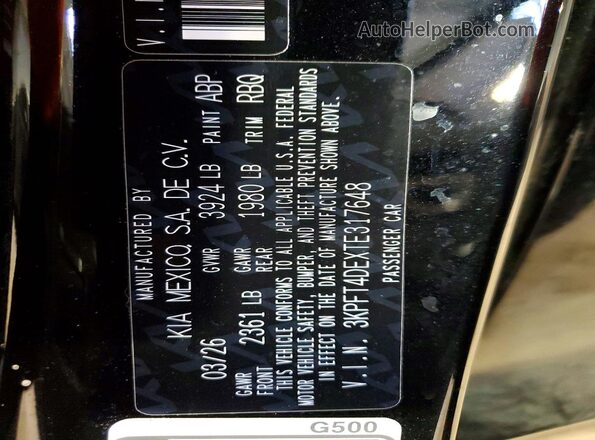 3KPFT4DEXTE317648 2026 KIA K4 Black VIN კოდის სტიკერის ხედი