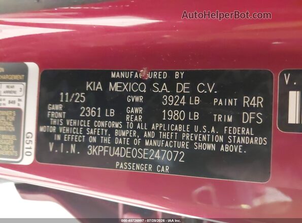 3KPFU4DE0SE247072 2025 KIA K4 Red Engine compartment view