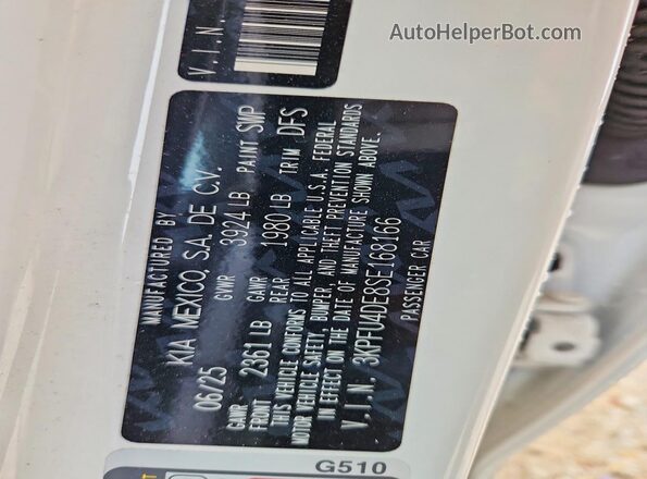 3KPFU4DE8SE168166 2025 KIA K4 White Вид наклейки з VIN-кодом