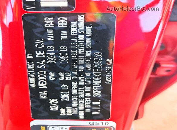 3KPFU4DEXTE299259 2026 KIA K4 Red Vista de la etiqueta del VIN