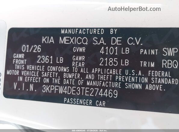 3KPFW4DE3TE274469 2026 KIA K4 White Շարժիչի բաժամունքի տեսք