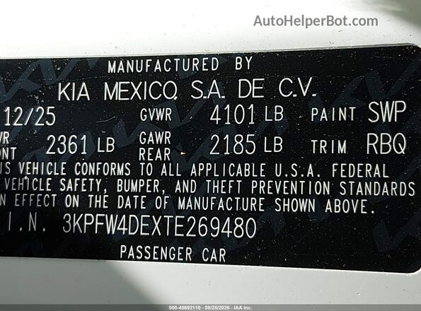 3KPFW4DEXTE269480 2026 KIA K4 White Вид підкапотного простору