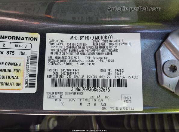 3LN6L2G93GR632675 2016 LINCOLN MKZ Gray Շարժիչի բաժամունքի տեսք