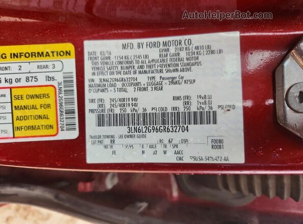 3LN6L2G96GR632704 2016 LINCOLN MKZ Red Widok komory silnika