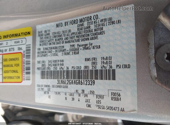 3LN6L2GK4GR612339 2016 LINCOLN MKZ Silver Widok komory silnika