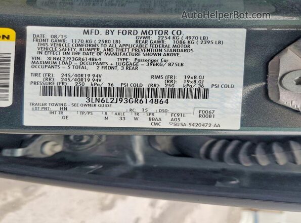 3LN6L2J93GR614864 2016 LINCOLN MKZ Green VIN sticker view