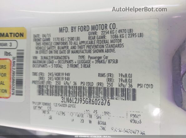 3LN6L2J95GR602876 2016 LINCOLN MKZ White Engine compartment view