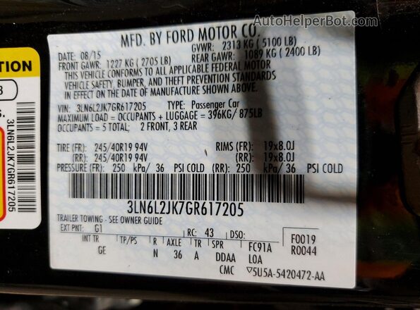 3LN6L2JK7GR617205 2016 LINCOLN MKZ Black VIN კოდის სტიკერის ხედი