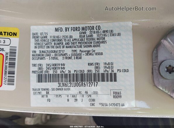 3LN6L2LU0GR612717 2016 LINCOLN MKZ HYBRID Beige Вид підкапотного простору