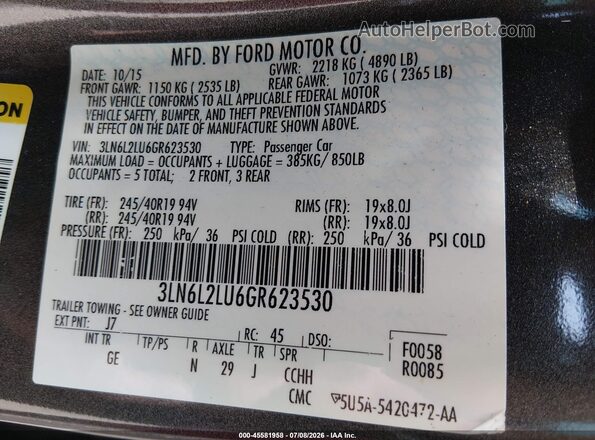3LN6L2LU6GR623530 2016 LINCOLN MKZ HYBRID Gray Вид підкапотного простору