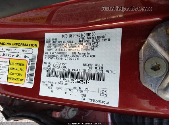 3LN6L2LU6GR628212 2016 LINCOLN MKZ HYBRID Red Vista del compartimento del motor