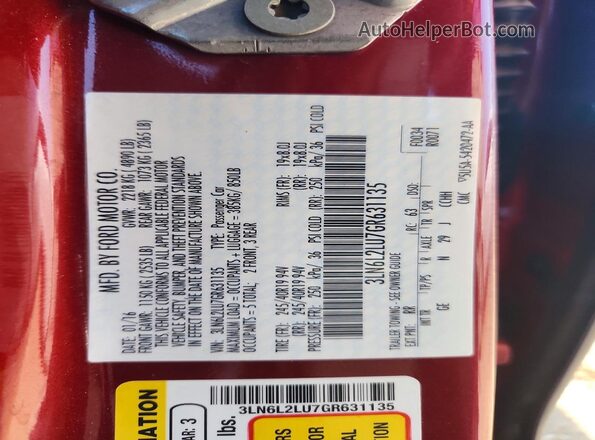 3LN6L2LU7GR631135 2016 LINCOLN MKZ Red Widok komory silnika