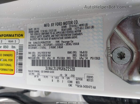 3LN6L2LU9GR622520 2016 LINCOLN MKZ HYBRID White Շարժիչի բաժամունքի տեսք