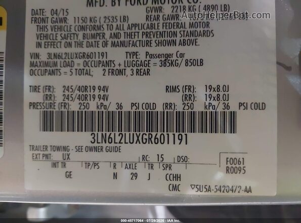 3LN6L2LUXGR601191 2016 LINCOLN MKZ HYBRID Silver Вид підкапотного простору