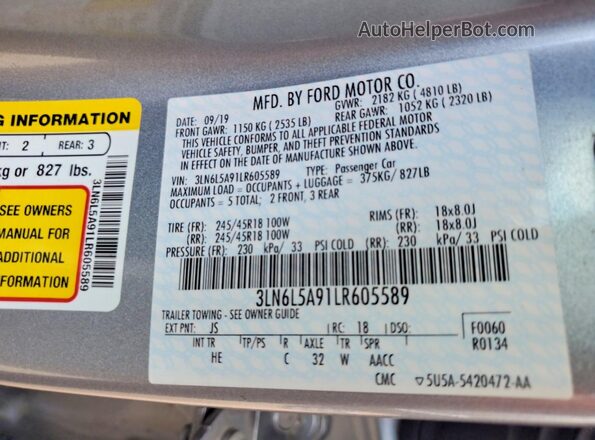 3LN6L5A91LR605589 2020 LINCOLN MKZ Silver Շարժիչի բաժամունքի տեսք