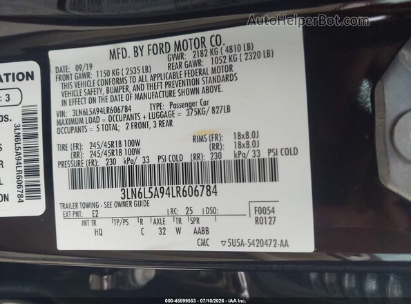 3LN6L5A94LR606784 2020 LINCOLN MKZ Burgundy Widok komory silnika