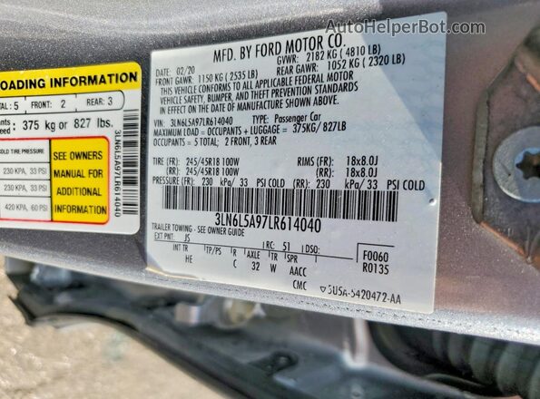 3LN6L5A97LR614040 2020 LINCOLN MKZ Silver Engine compartment view