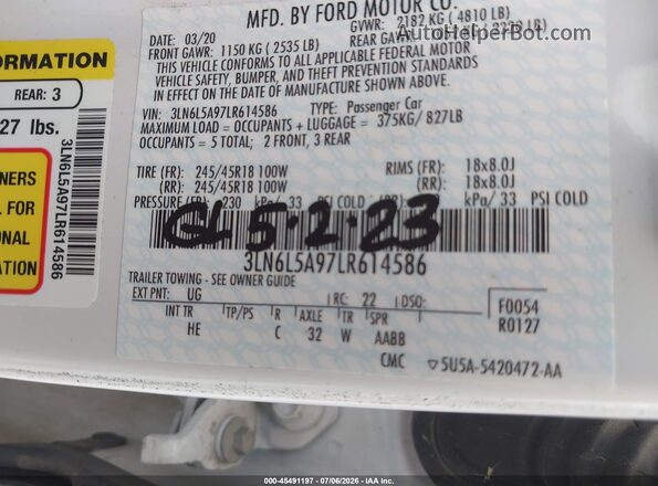 3LN6L5A97LR614586 2020 LINCOLN MKZ Белый Вид подкапотного пространства