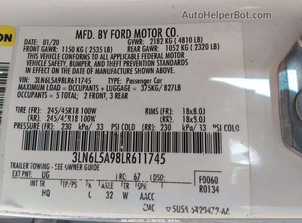 3LN6L5A98LR611745 2020 LINCOLN MKZ Белый Вид подкапотного пространства