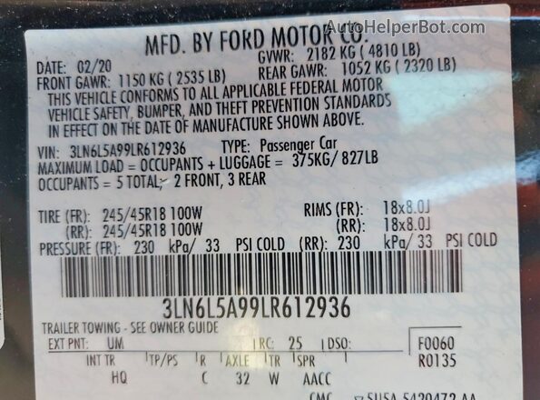 3LN6L5A99LR612936 2020 LINCOLN MKZ Black Вид підкапотного простору