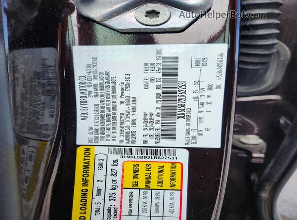 3LN6L5B92LR622531 2020 LINCOLN MKZ Brown VIN კოდის სტიკერის ხედი