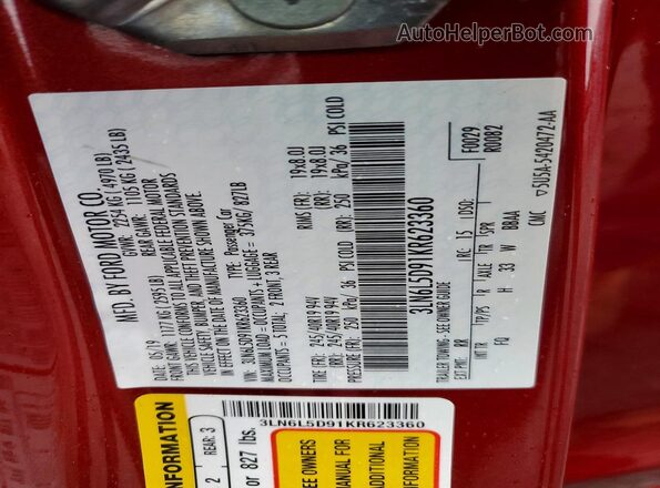 3LN6L5D91KR623360 2019 LINCOLN MKZ Burgundy VIN կոդի պիտակի տեսք
