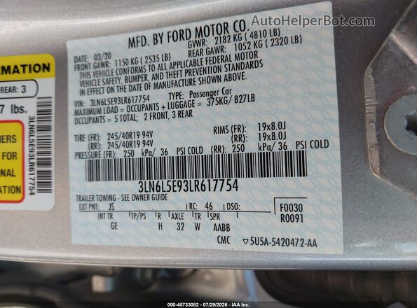 3LN6L5E93LR617754 2020 LINCOLN MKZ Silver Widok komory silnika