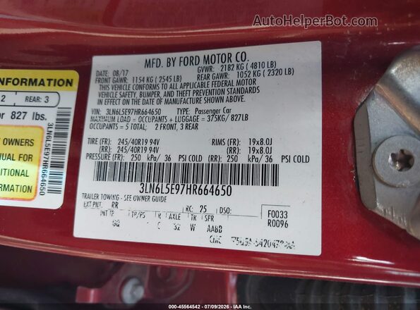 3LN6L5E97HR664650 2017 LINCOLN MKZ Burgundy Vista del compartimento del motor