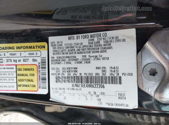 3LN6L5EC4HR622206 2017 LINCOLN MKZ Black Engine compartment view