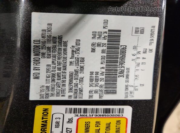 3LN6L5F90HR608063 2017 LINCOLN MKZ Charcoal Widok naklejki z numerem VIN