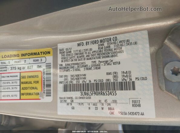 3LN6L5F90HR653455 2017 LINCOLN MKZ Бежевый Вид подкапотного пространства