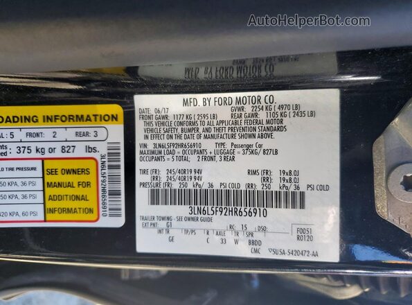 3LN6L5F92HR656910 2017 LINCOLN MKZ Black ძრავის განყოფილების ხედი