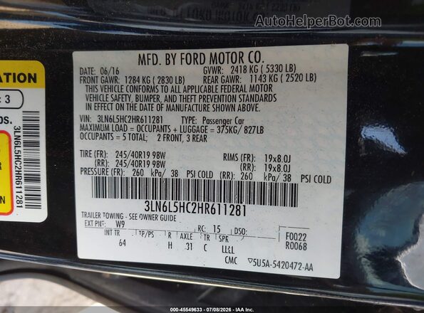 3LN6L5HC2HR611281 2017 LINCOLN MKZ Black Engine compartment view