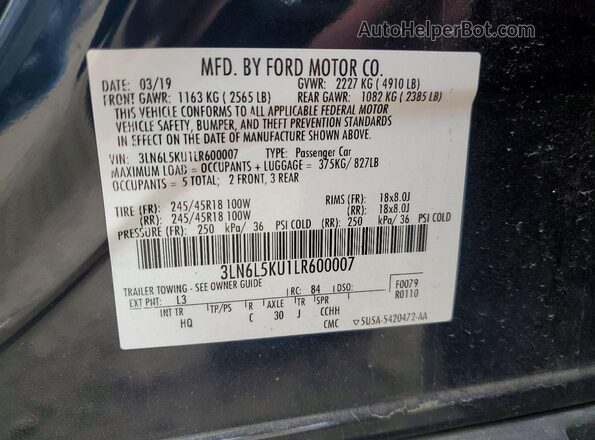 3LN6L5KU1LR600007 2020 LINCOLN MKZ Charcoal Widok naklejki z numerem VIN