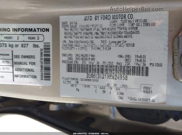3LN6L5LU1HR624958 2017 LINCOLN MKZ HYBRID Gold ძრავის განყოფილების ხედი