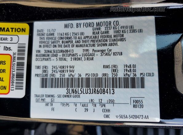 3LN6L5LU3JR608413 2018 LINCOLN MKZ Black ძრავის განყოფილების ხედი
